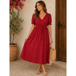 Expressions Cottagecore Red Cotton Gauze Faux Wrap Midi Dress Plus Size 3X